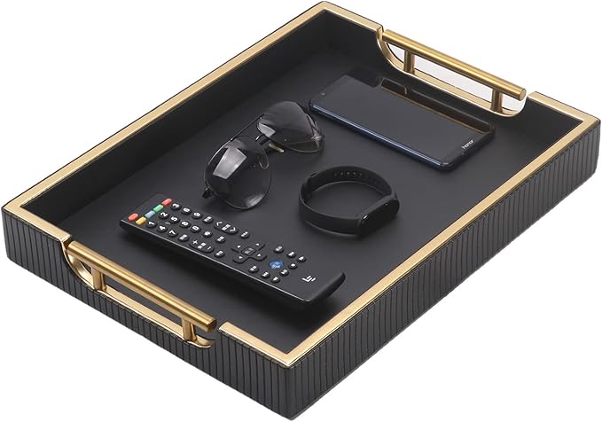 Wooden Structure Leather Decorative Coffee Table Square Tray, Farmhouse Counter PU Tray - Room Serving Trays, Brushed Champagne Gold Handle (Black)