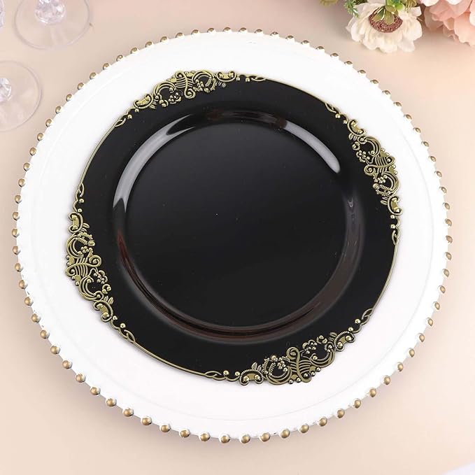 10" Dinner Plates -Set of 30 - Plastic Black Round Baroque Disposable Chargers Leaf Embossed Rim, Ideal for Dinner Party Wedding Bulk Events