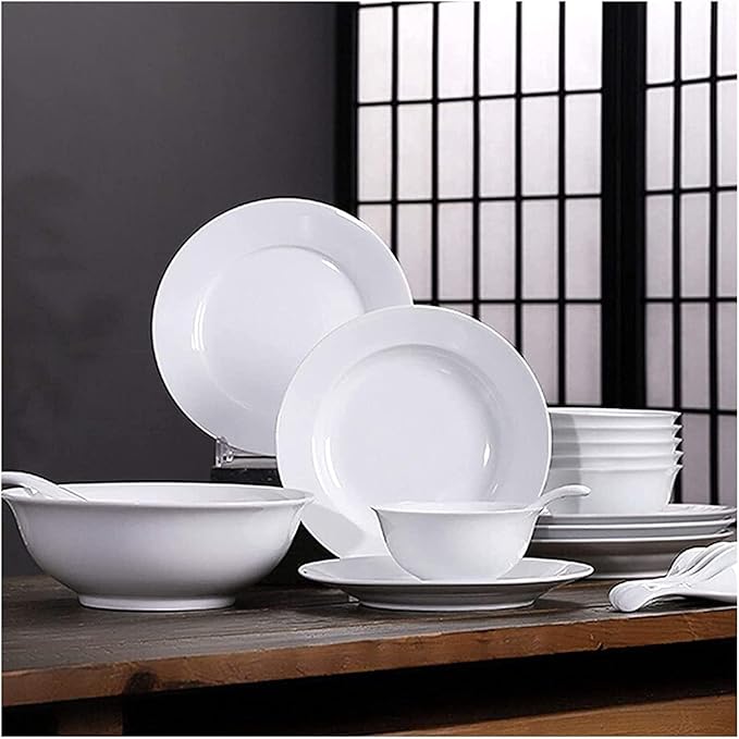 Dinnerware Set Dinner Party Tableware Service Set Ceramics Dinner Sets, 26 Pieces Pure Color Dinnerware Set | White Porcelain Steak Plate Cereal Bowl and Soup Bowl for Restaurant