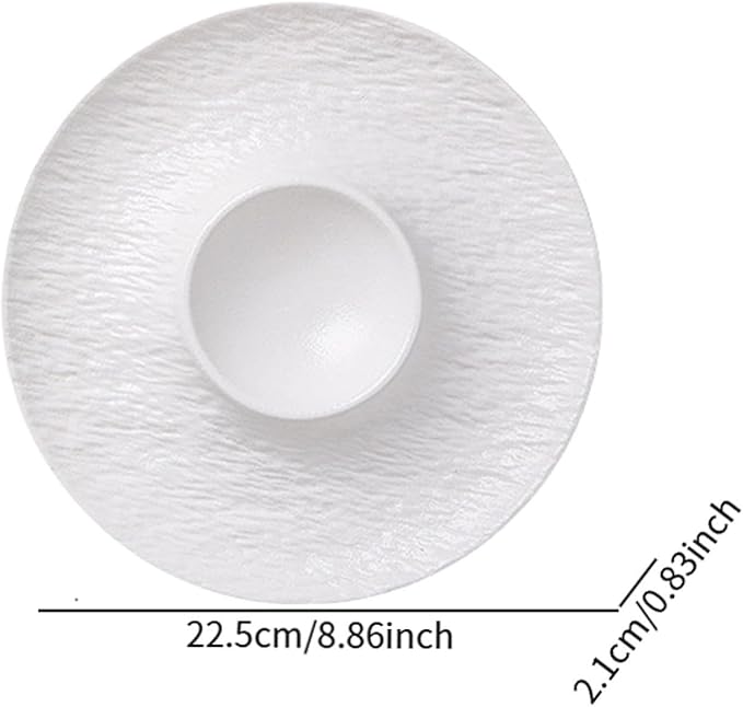 Ceramic Divided Snack Plate with Dipping Saucer, Serving Platter for Dumplings, Fried Chicken, Appetizers, Tacos- White