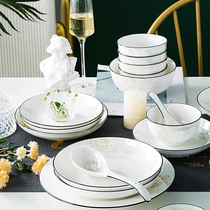 Ceramic Dinner Plate Sets, 28 Piece Dinnerware Set Service for 6, Pattern Bone China Tableware Plates, Bowls Ceramic Dish Set,Rectangular