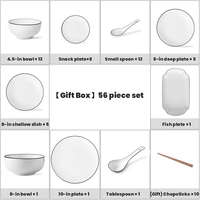 Fine Dinnerware Sets,Dinner Plate Ceramics Dinner Sets, Bowl/Dish/Spoon Pure White Black Line Porcelain Combination Set