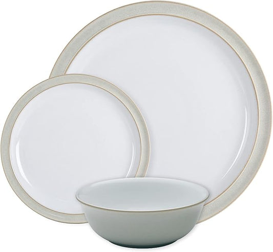 Denby - Linen Cream White Dinner Set for 4-12 Piece Ceramic Stoneware Tableware Plate & Bowl Set - Dishwasher Microwave Safe Crockery - Includes 4 x Dinner Plates, Small Plates, Cereal Bowls
