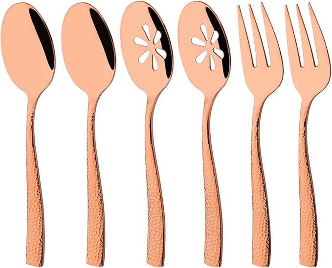 6 PCS Hammered Serving Utensils, Uniturcky Stainless Steel Serving Spoons Set, Square and Thick Hostess Serving Set, Includes 2 Serving Spoon 2 Serving Fork and 2 Slotted Spoon, Mirror Rose