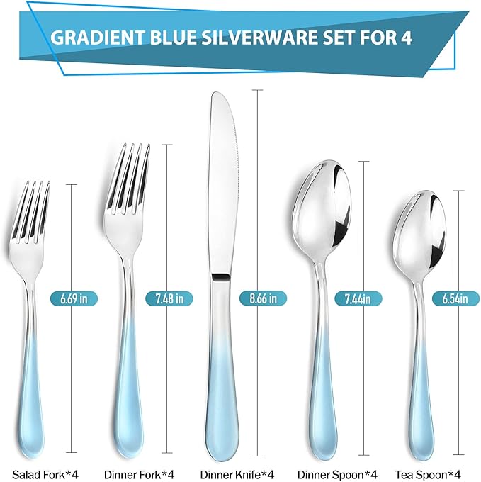 Blue Silverware Set,20 Piece Stainless Steel Flatware Set,Mirror Polished Tableware Cutlery Sets,Reusable Flatware Sets,Utensil Sets for Kitchen,Service for 4,Dishwasher Safe(Gradient Blue Silverware)
