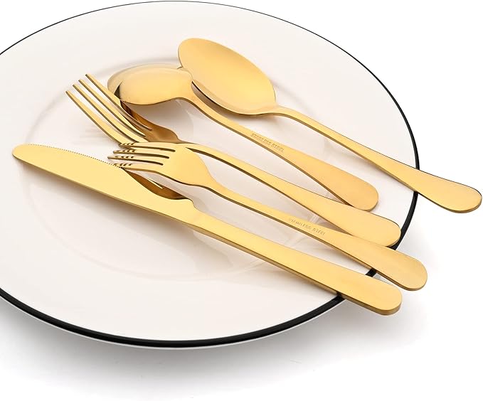 10-Piece Gold Silverware Set, Premium Stainless Steel Cutlery Serving Utensils, Modren & Classic Tableware For Home Kitchen Restaurant Party, Mirror Finish, Dishwasher Safe