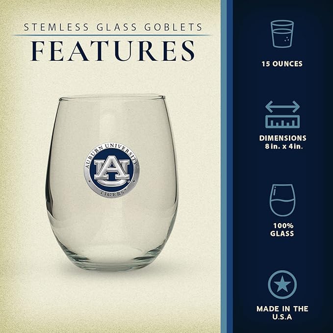 Heritage Pewter Auburn Tigers Stemless Glass Goblets – Set of 2 | 15 OZ Goblet Wine Glasses | Expertly Crafted Pewter Glass