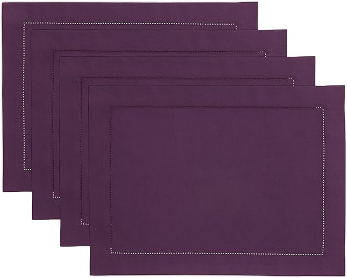 Solino Home Purple Placemats Set of 4 - Cotton Linen Hemstitch Placemats 14 x 19 Inch for Valentines