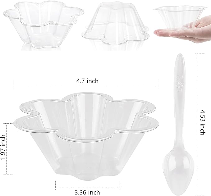 50ct 8oz Plastic Dessert Cups with Spoons, Clear Flower shaped Ice Cream Bowls, Party Sundae Serving Bowls, Parfait Appetizer Cups for Ice Cream, Nuts, and Salad