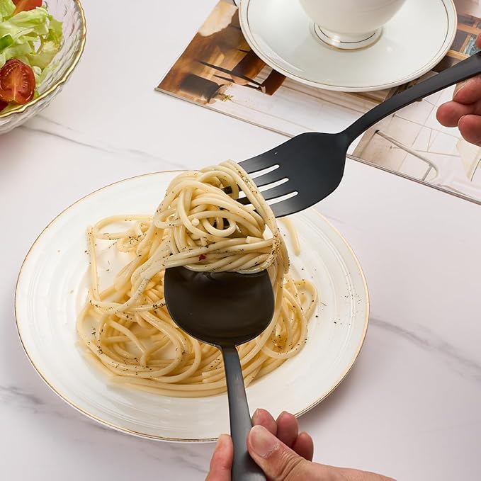 Matte Black Serving Set, 4-Piece Stainless Steel Large Hostess Set Include Slotted Spoon Serving Spoon Serving Fork and Cake Server, Ideal for Buffets, Home, Gatherings, Restaurant