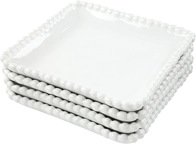 Santa Barbara Design Studio Appetizer Plate Set - 6" Ceramic Plates With Beaded Rim, 4-Count, White
