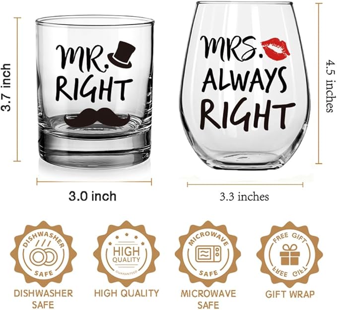 Mr. Right Mrs. Always Right Set Novelty Couple Set Gift for Husband, Wife, Bride, Groom, Parents, Newlyweds, Bachelorette - Wedding Engagement Gifts for Couples - Ideal for Bridal Shower