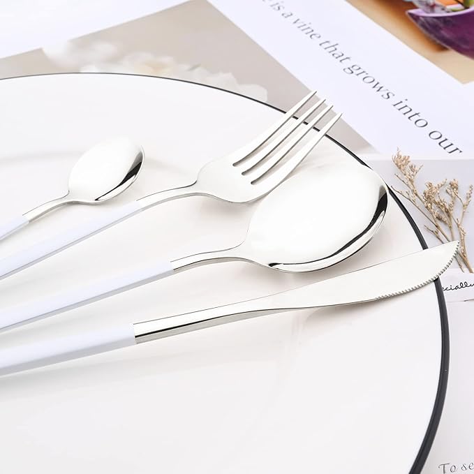 32 pcs Splicing Color handle Cutlery Set, Mirror Silver 18/0 Stainless Steel Flatware Set For 8, Metal Tableware Kitchen Utensils Include Dinner Knife/Fork/Spoon/Teaspoon, White Silver