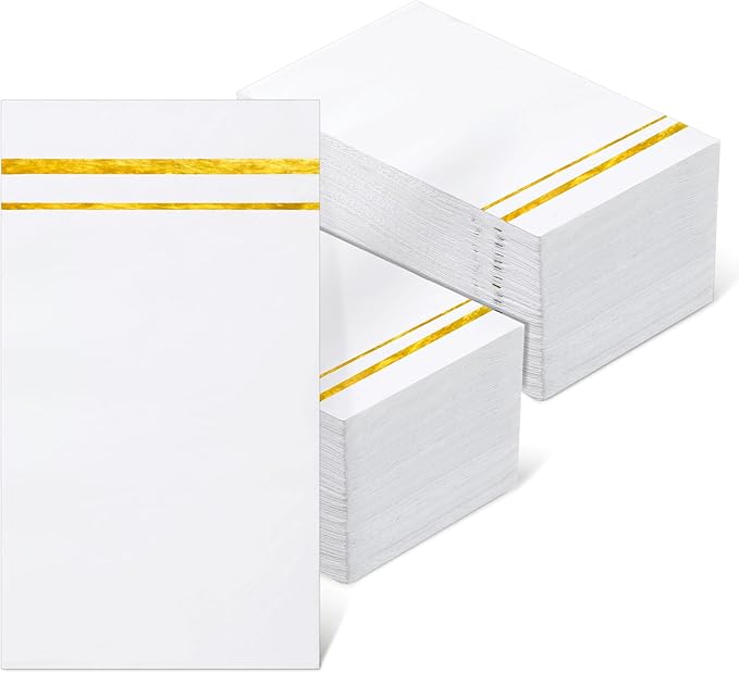 200 Pcs Disposable Napkins 3 Ply White and Gold Trim Napkins Soft Absorbent Paper Guest Towels for Bathroom Wedding Dinner Anniversary Bridal Baby Shower Birthday Party