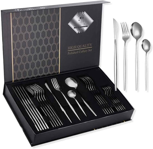 24 PCS Fine Flatware Set, Flatware Serving Set for 6, Utensil Set for Home and Restaurant Include Knives/Forks/Spoons, Dishwasher Safe, for Outdoor Camping Picnic(Size:B,Color:Silver)