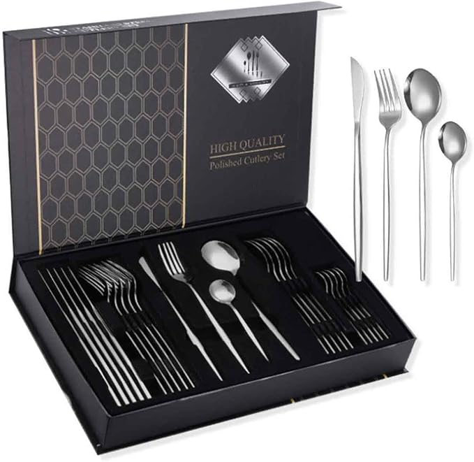 Flatware Service for 24 PCS, Knives Forks Spoon Set Serving for 6, Dishwasher Safe, for Tableware, Kitchen, Formal Events, Parties, Home, Hotel(Size:B,Color:Silver)