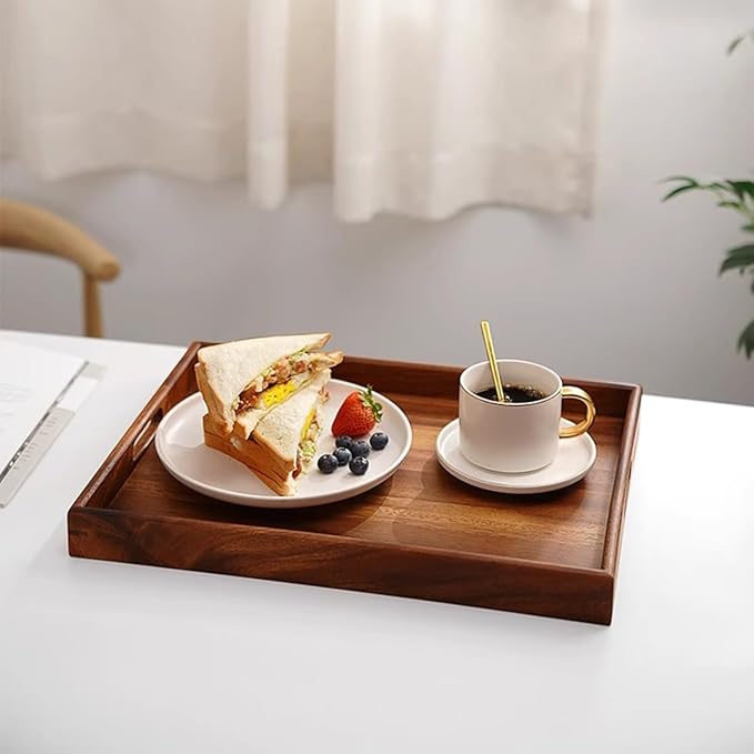Wood Serving Tray with Handles Home Decorative Serving Trays Platter for Breakfast in Bed, Solid Wooden Serveware for Lunch, Dinner, Coffee Table, Used in Kitchen,Party and Outdoors.