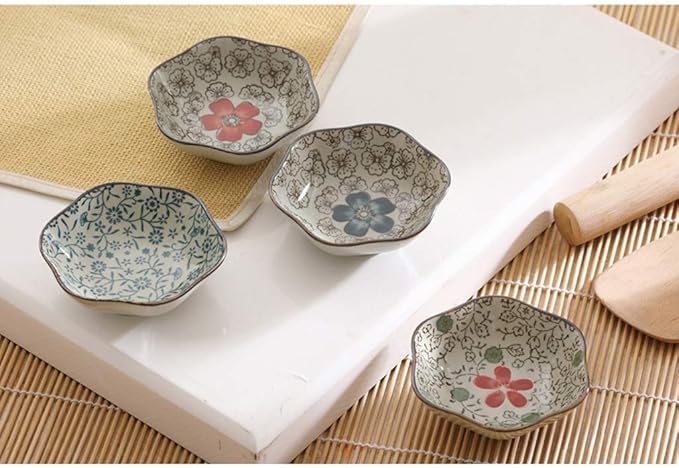 Dinner Plates Appetizer Plates Japanese Style Soy Sauce Dishes Set of 6, Household Ceramic Flower Dishe Serving for Dumpling, Side Dish, Sushi Bowl Sets，B