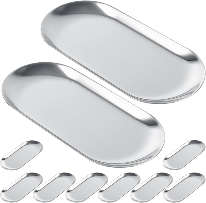 LANIAKEA 10PCS Stainless Steel Decorative Tray 7 Inch Metal Trays Decorative Serving Platter Small Storage Tray for Perfume Trinket Key Candle, Oval, Silver