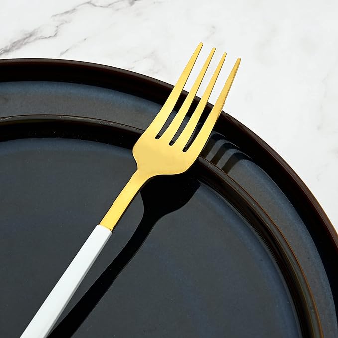 24-Piece Flatware Set, 18/0 Stainless Steel Knife Fork Spoon Teaspoon Silverware Set, Service for 6, White slender handle Gold