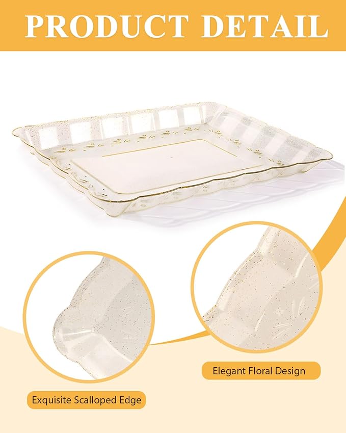 BESTVIP Clear Gold Glitter Serving Trays - 12 Pack 9x13 Rectangle Flower - Cookie Platters for Weddings, Events, Daily Glam, Dessert Displays & Crafting