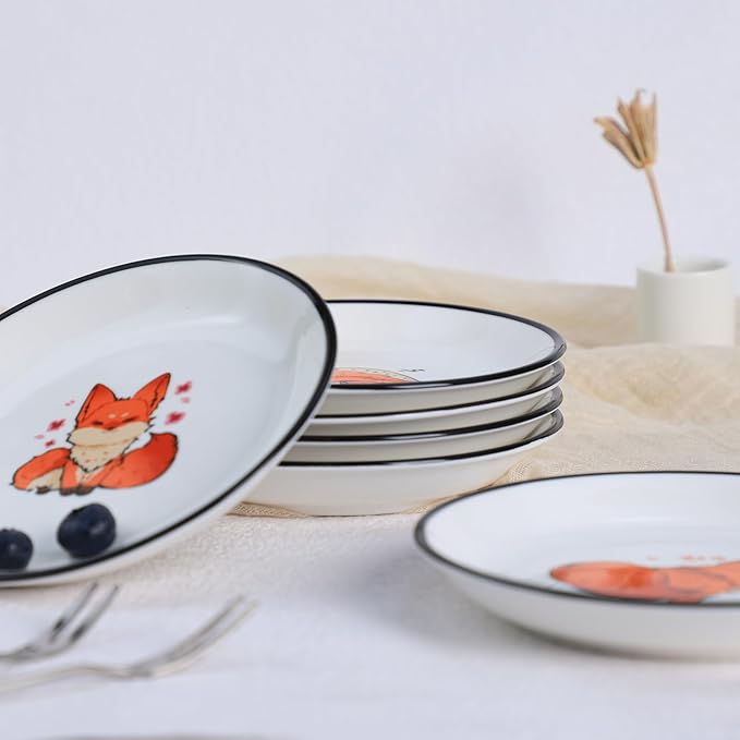 SOCOSY Super Cute Cartoon Animal Ceramic Sauce Dishes, Seasoning Dishes, Little Cat Dog Bird Feeding Bowls, Sushi Soy Dipping Bowls, Appetizer Plates, Dessert Plates, Set of 6-Fox-5 Inch