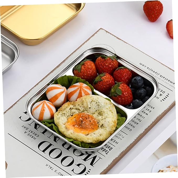 VOSAREA Stainless Steel Divided Food Serving Tray with Two Compartments Portion Control Plate for Lunch Food Storage Plate for Dieters Cafeteria Parties and Everyday Use