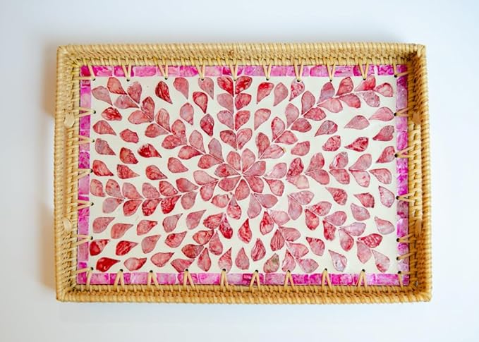 Magenta & Teal Decorative Rectangle Rattan Serving Tray 13x9 inch Mother of Pearl Inlay, Wicker Coffee Table Decor, Farmhouse (Pink Flower)