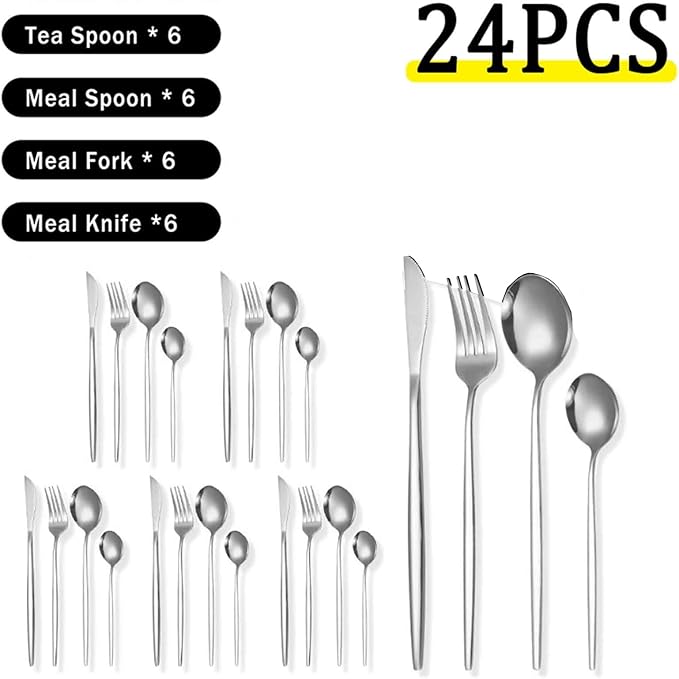 Serving Set Stainless Steel Tableware for 24 PCS, Mirror Polished, Slim Handle Serving Set for 6 for Formal Events, Parties, Food Barbeque, Dishwasher Safe(Silver,C)