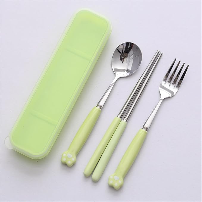 Cute Silverware Set, Cat Paw Ceramic Handle Dinnerware Set Flatware Kitchen Accessories Camping Travel Sets Fork Spoon Chopstick Portable Cutlery Sets with Case, Black Pink Blue Yellow Green