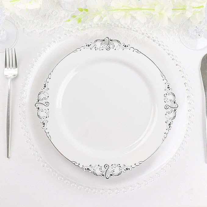 10" Dinner Plates -Set of 10 - Plastic White Silver Round Baroque Disposable Chargers Leaf Embossed Rim, Ideal for Dinner Party Wedding Bulk Events