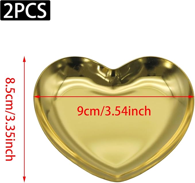 PINE & LINEN 2pcs Gold Jewelry Dish,3.5inch Stainless Steel Heart Trinket Tray Decorative Plate,Small Serving Tray for Home Decor/Decor Enthusiasts