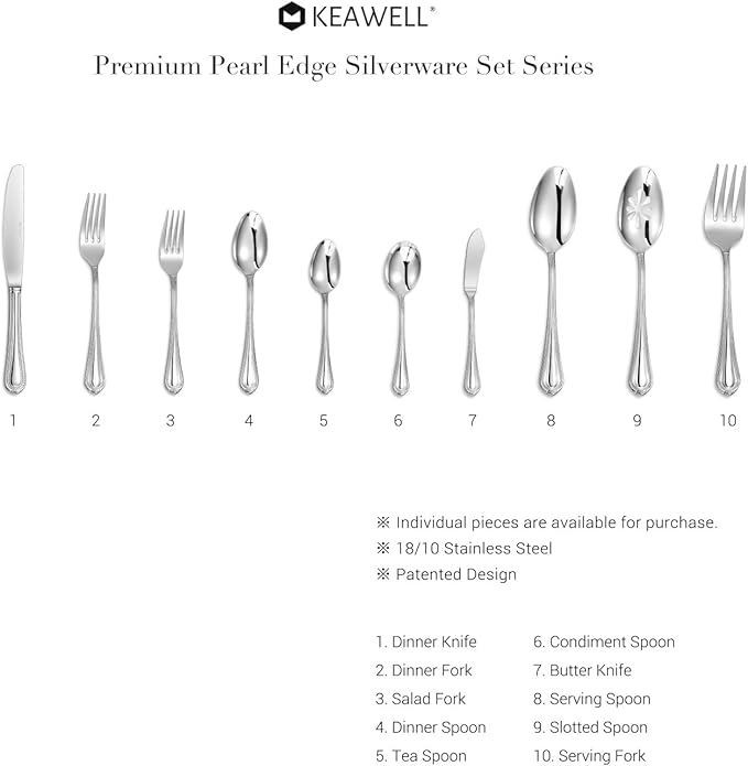 KEAWELL Pearl Edge Premium Serving Spoon Set, 18/10 Stainless Steel, 9" Fine Hostess Utensils with Refined Bead Design, Brightly Polished, Dishwasher Safe (Hostess Serving Set)