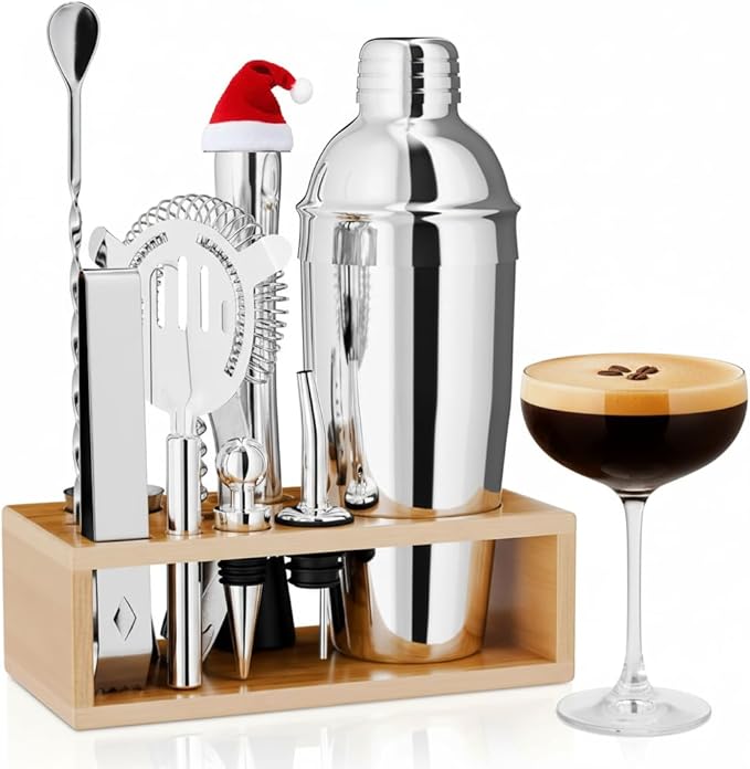 Mixology Bartender Kit with Stand – Stainless Steel Mixed Drink Shaker Set with 10 Accessories, Easy to Clean Bar Tool Set | Wooden Organizer for Home Bar Setup, Great Gift for Cocktail Enthusiasts