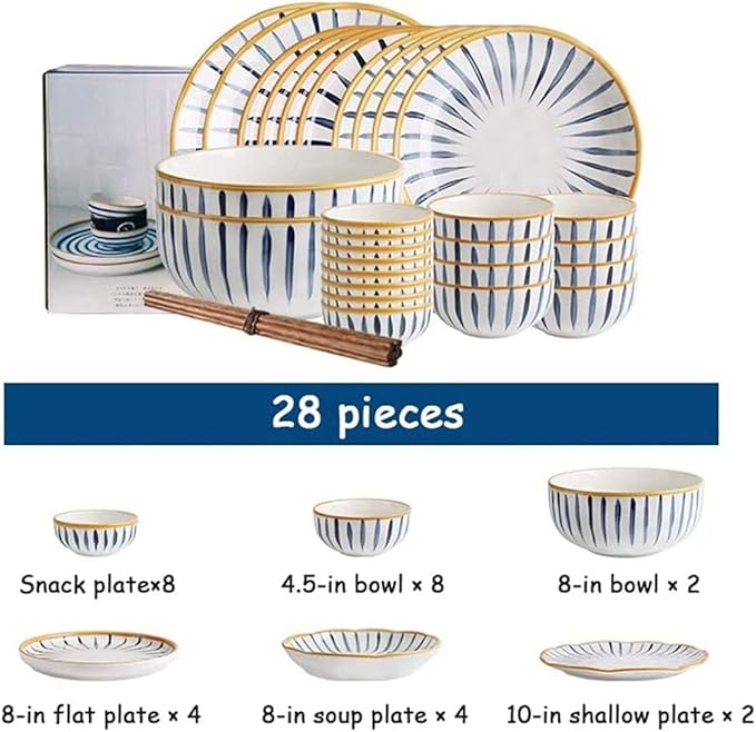 Porcelain Dinnerware Set, 28 Pieces Japanese Style Ceramics Dinner Sets | Plate/Bowl - Tableware Combination Set for Restaurant, White
