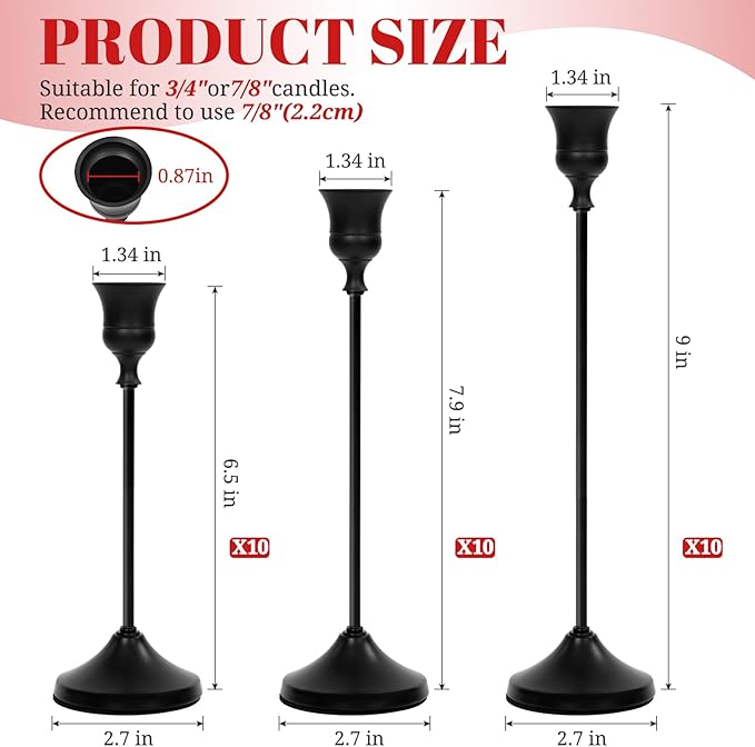 Candlestick Holders 30 PCS, Metal Taper Candle Holder, Matte Black Candle Holders for Pillar Candles, Vintage Dining Table Centerpiece Decorations for Wedding Party Christmas Halloween Decor