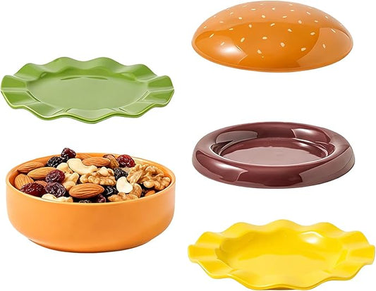 Burger Plate Set - Ceramic Stackable Dinnerware, Cute Appetizer Plates with Durable Material, Kitchen and Dining Accessory with Easy Storage, Party Hosts Event Planners Home Cooks Family Dinner