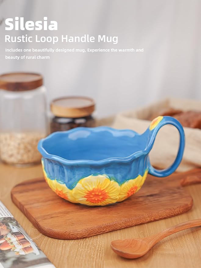 silesia Handmade Ceramic Soup Bowl, 30 oz Hand Painted Bowl with Loop Handle, Floral Design Cereal Bowl for Soup, Ice cream, Snack, Microwave & Dishwasher Safe (Dark Blue)