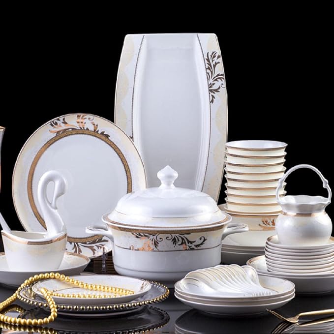 60 Heads ceramic tableware Dish Rice Bowl Salad Noodles Bowl Plate Dinnerware Sets Kitchen Soup Pot Ashtray Dinnerware Sets-WHITE