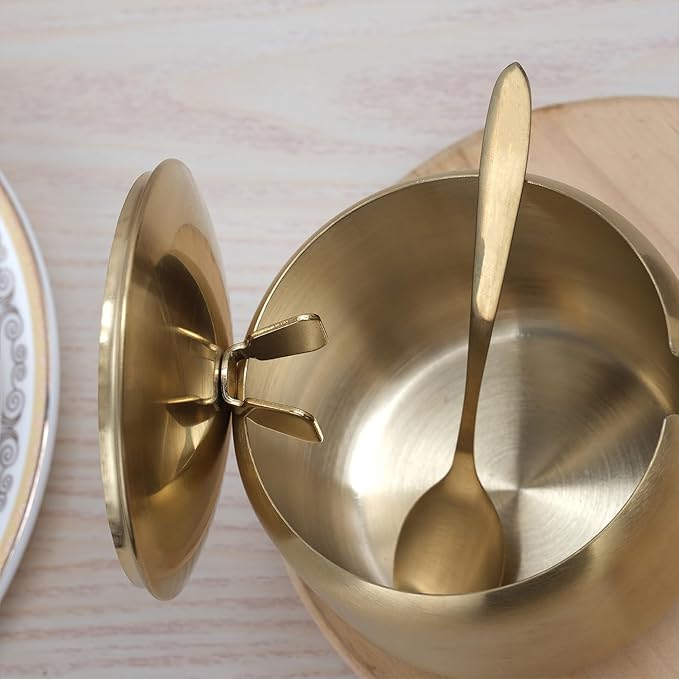 12oz Sugar Bowl with Lid and Spoon Stainless Steel Condiment Container for Kitchen Ghee Container Coffee Table Gold Spice Jars for Seasoning