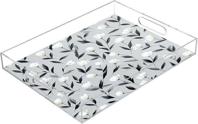 Serving Tray with Handles Clear Acrylic Tray 12x16 Inch Decorative Rectangular Tray Organizer for Ottoman Coffee Table Bathroom Light Gray Tulip Flowers