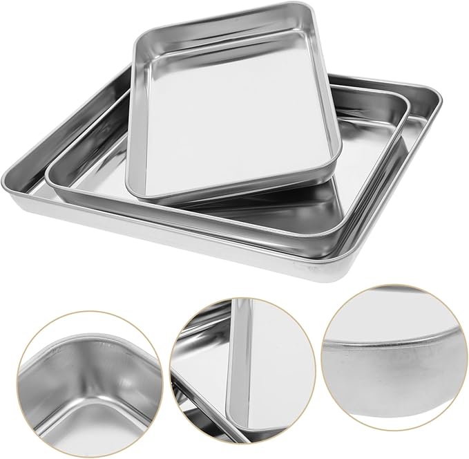 3-Piece Stainless Steel Serving Tray Set Rectangular Baking Cooling Grilling Plates for Home Use Sturdy Food Storage Trays for Fruits and Snacks