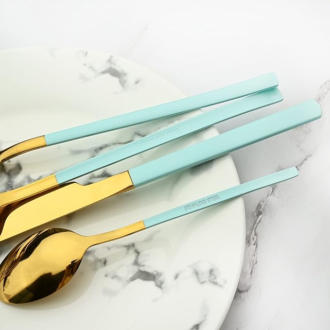 24-Piece Flatware Set, 18/0 Stainless Steel Knife Fork Spoon Teaspoon Silverware Set, Service for 6, Mint Green slender handle Gold