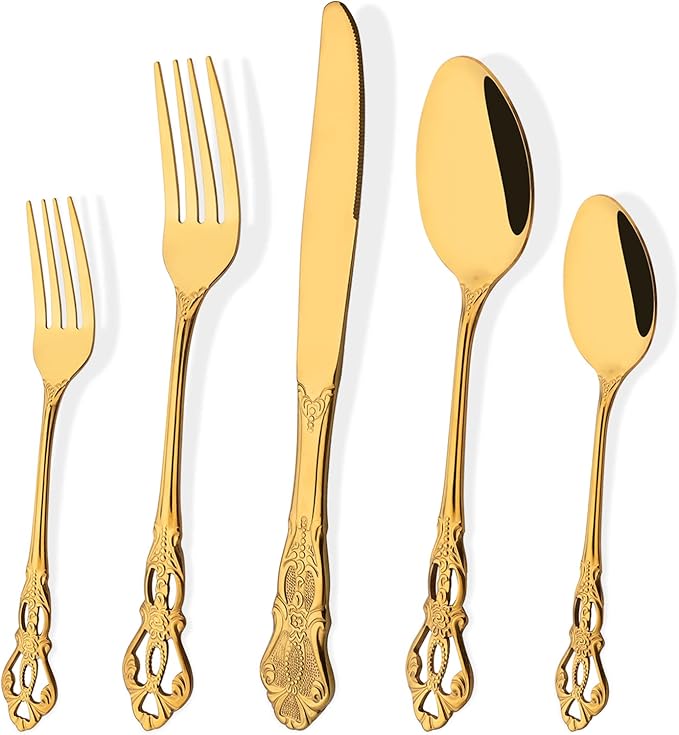 Gold Flatware Set For 4, 20 Pieces 18/0 Stainless Steel Silverware Set, Cutlery Utensils Set Include Knives/Forks/Spoons, Antique Baroque Style & Luxury Mirror Polished