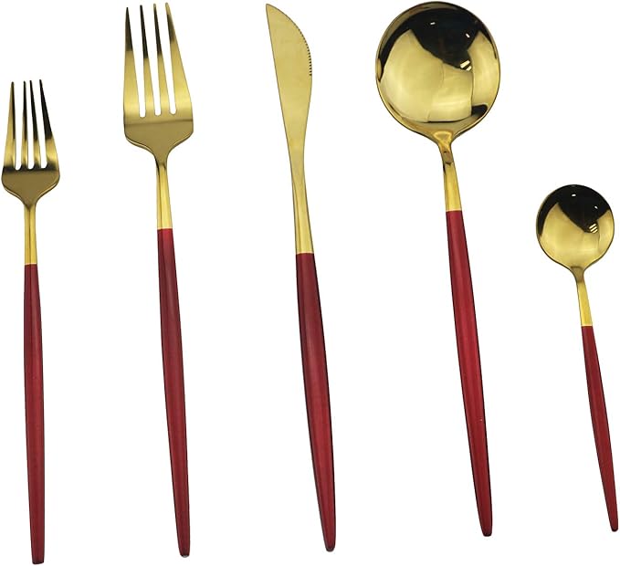Gugrida Silverware Set, Elegant Life 6-Piece Stainless Steel Flatware Set Service for 1, Include Fork Spoon Knife, Tableware Cutlery Set for Home and Restaurant, Safe in Dishwasher（Red/Gold）