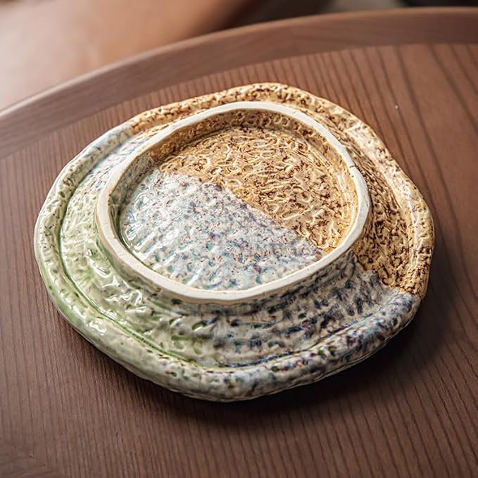 OWNKPM Special-Shaped Ceramic Plate 1 Pice – Green Ice Crack Glaze, Spiral Decorative Pattern, Heavy & Textured – Ideal for Dining Table, Coffee Table, Snacks, Sushi, Fruits, Jewelry & Key Storage