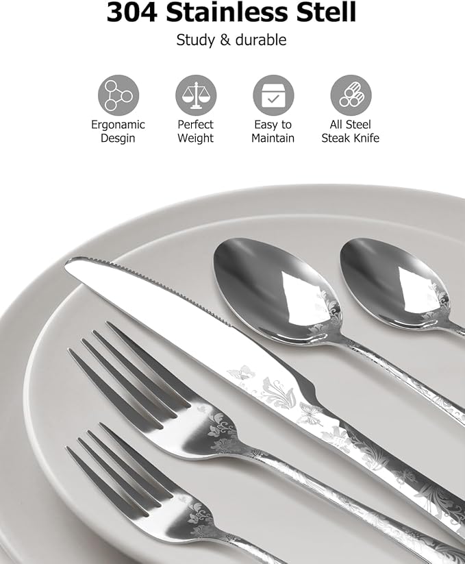 20-Piece Silverware Set, AORESAC Flatware Set for 4, Butterfly Flower Design, Mirror Polish, Forks Spoons, and Knives set for Home and Kitchen, Dishwasher Safe (Silver)