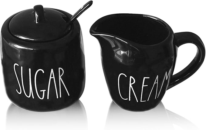 Sugar and Creamer Set, Cream Container and Sugar Holder Set for Coffee Bar, Farmhouse Sugar Bowl with Lid and Spoon, Ceramic Sugar Dispenser and Creamer Pitcher Set for Countertop (Black)