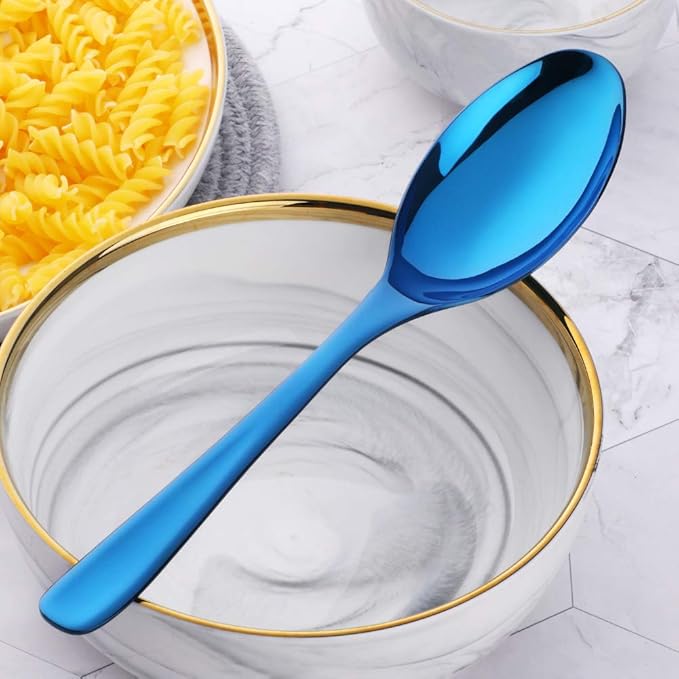 Buffet Serving Spoons, Stainless Steel 10 Inch Blue Plated Server Set of 2, Large Salad Serverware Utensils, Dishwasher Safe