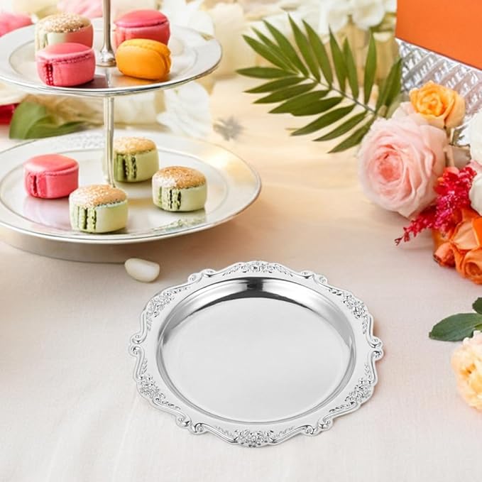 VILLCASE 2 Pack Small Silver Serving Tray, 5. 9 Inch Vintage Round Iron Display Plate for Desserts, Antique Style Decorative Jewelry Dish for Vanity, Wedding Centerpiece and Tea Party (Silver)